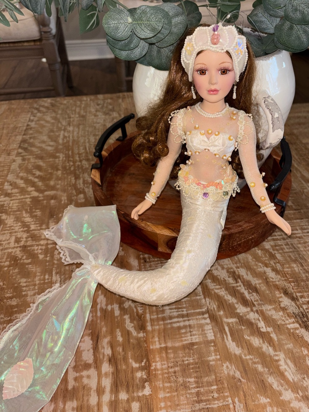 Vintage Show-Stoppers 18” Porcelain Mermaid Doll – Beaded Iridescent Fantasy Dol